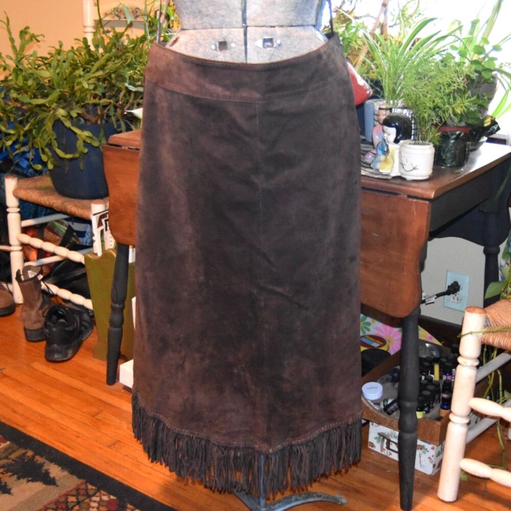 Vintage Jones New York Country Brown Leather Fringe Skirt Western Boho Sz 14